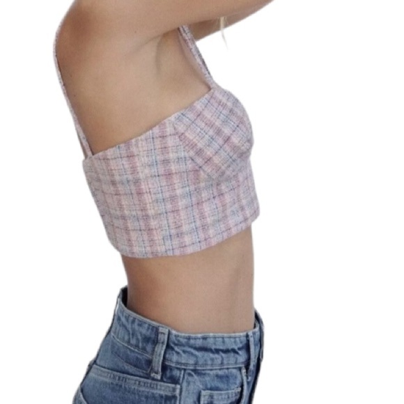 Zara Checkered Corset Crop Top Zip Side Sz M Women - Picture 2 of 12